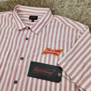 Billabong Budweiser Mens XXL Red White Y2K Striped Short Sleeve Button Shirt NEW